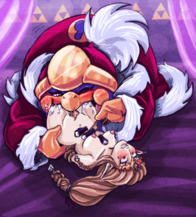 evanight, king dedede, princess zelda, kirby (series), nintendo, the legend of zelda, the legend of zelda: twilight princess, blush, clenched teeth, crossover, navel, nude, open mouth, pointy ears, pubic hair, rape, restrained, swallowing, teeth, vore, wink