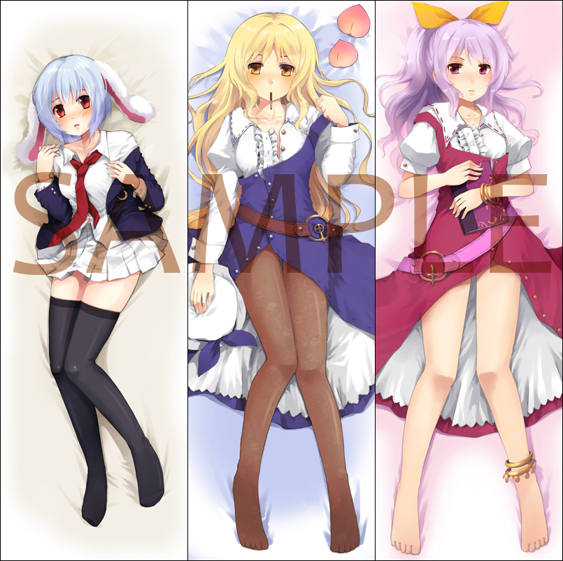 jing hu, reisen, watatsuki no toyohime, watatsuki no yorihime, touhou, print legwear, bad id, bad pixiv id, 3girls, animal ears, anklet, barefoot, belt, blonde hair, bow, bracelet, dakimakura (medium), feet, female focus, food, fruit, hair bow, jewelry, legs, long hair, multiple girls, pantyhose, patterned legwear, peach, ponytail, purple eyes, purple hair, rabbit ears, red eyes, sample watermark, short hair, thighhighs, watermark, yellow eyes
