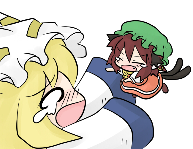 yanagi (nurikoboshi), chen, yakumo ran, touhou, 2girls, chibi, dress, female focus, hat, multiple girls, short hair, simple background, tears, white background