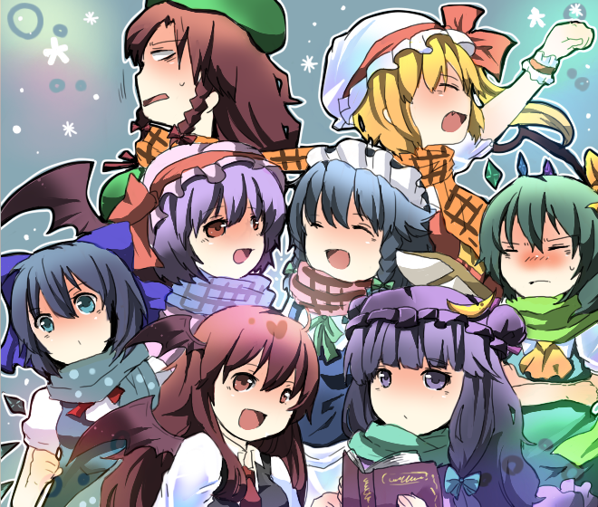 mb999, cirno, daiyousei, flandre scarlet, hong meiling, izayoi sakuya, koakuma, patchouli knowledge, remilia scarlet, embodiment of scarlet devil, touhou, 6+girls, :d, ^ ^, blunt bangs, blush, breath, brown hair, clenched hand, closed eyes, coat, crescent, hat, mob cap, multiple girls, nose blush, open mouth, purple eyes, purple hair, raised fist, scarf, shared clothes, shared scarf, smile, upper body, winter clothes, winter coat
