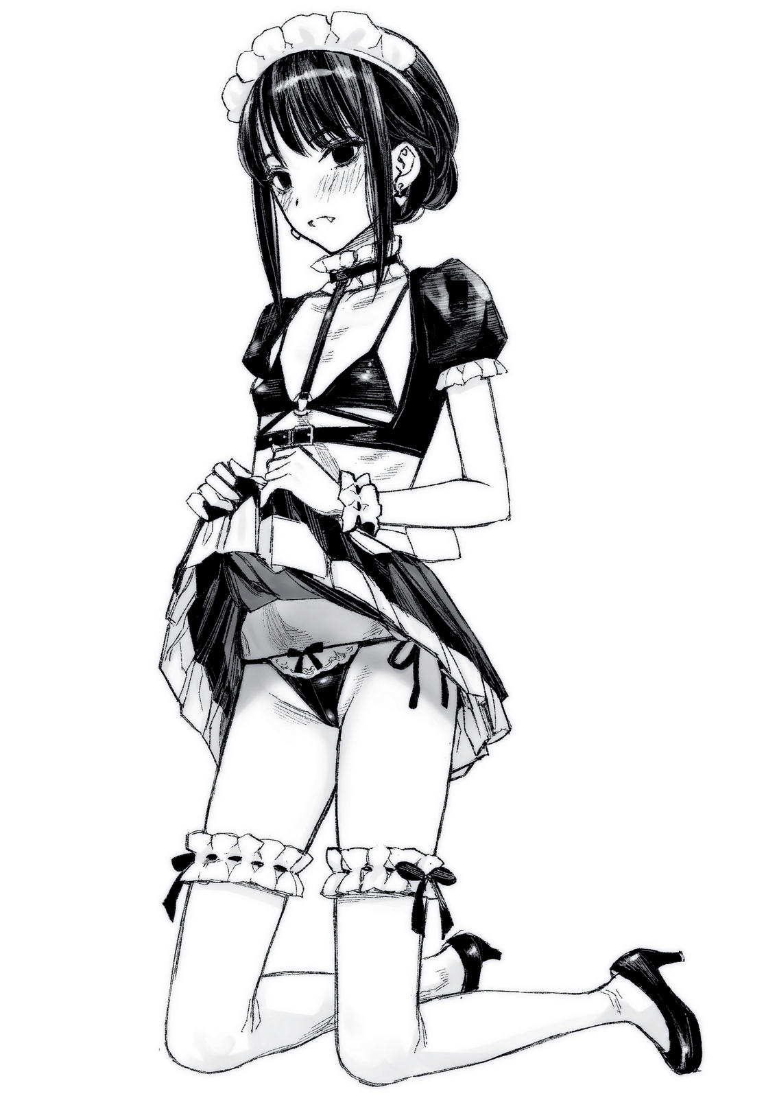 takano masayuki, misaki minato, blood alone, commentary request, highres, 1girl, apron, clothes lift, crop top, flat chest, full body, greyscale, high heels, kneeling, long hair, looking at viewer, maid, maid headdress, monochrome, panties, side-tie panties, sidelocks, simple background, skirt, skirt lift, solo, thighhighs, underwear