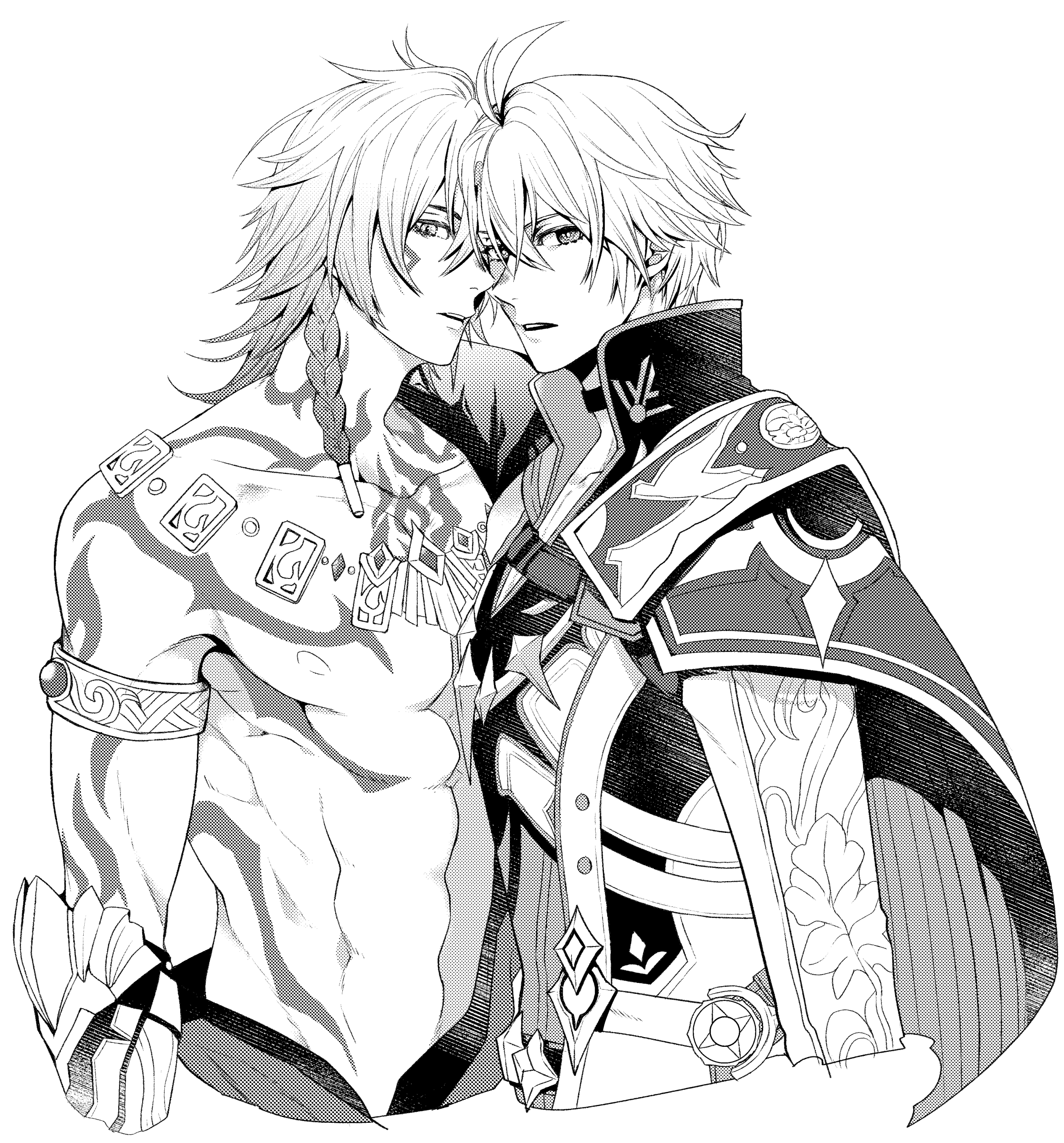 mydei (honkai: star rail), phainon (honkai: star rail), honkai: star rail, honkai (series), absurdres, commentary request, highres, 2boys, antenna hair, arm tattoo, armlet, bare pectorals, black choker, black shirt, braid, cape, chest tattoo, choker, coat, facial tattoo, gauntlets, greyscale, jewelry, male focus, medium hair, monochrome, multiple boys, necklace, oshino nankotsu, pectorals, shirt, short hair, side braid, simple background, tattoo, toned, toned male, white background, white coat