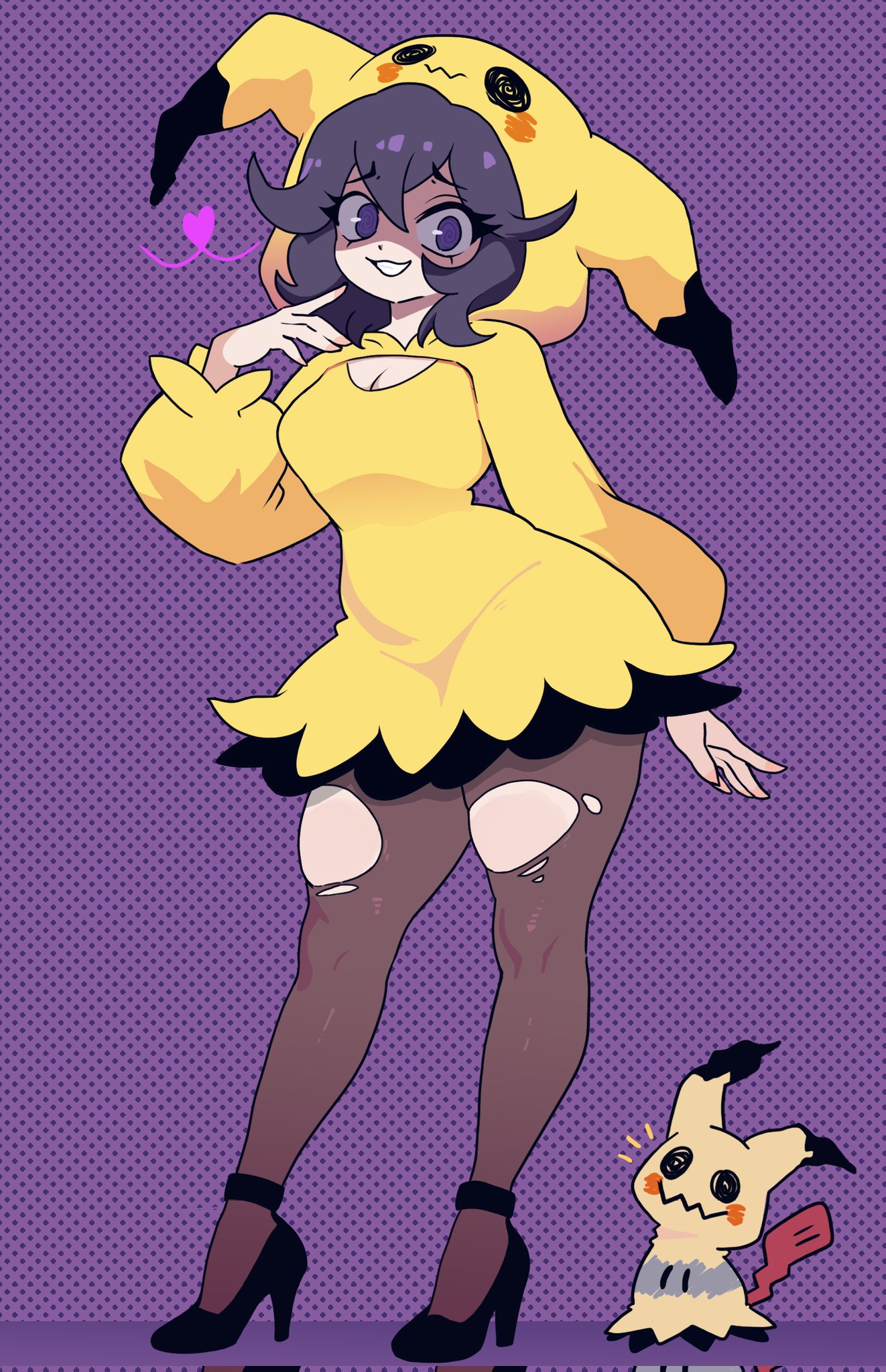 sleazynavi, hex maniac (pokemon), hex maniac (pokemon xy), mimikyu, nintendo, pokemon, pokemon xy, commentary, english commentary, highres, 1girl, :3, @ @, ^^^, animal ears, black shoes, breasts, character hood, cleavage, cleavage cutout, clothing cutout, cosplay, dot nose, dress, frilled dress, frilled sleeves, frills, full body, gen 7 pokemon, hair between eyes, halloween costume, hand up, heart, hood, hood up, hooded shrug, hoodie, long sleeves, messy hair, mimikyu (cosplay), pantyhose, parted lips, pikachu ears, pokemon (creature), puffy long sleeves, puffy sleeves, purple background, purple eyes, purple hair, shaded face, shoes, shrug (clothing), smile, solid oval eyes, solo, standing, strappy heels, teeth, torn clothes, torn pantyhose, yellow dress, yellow hoodie, yellow shrug