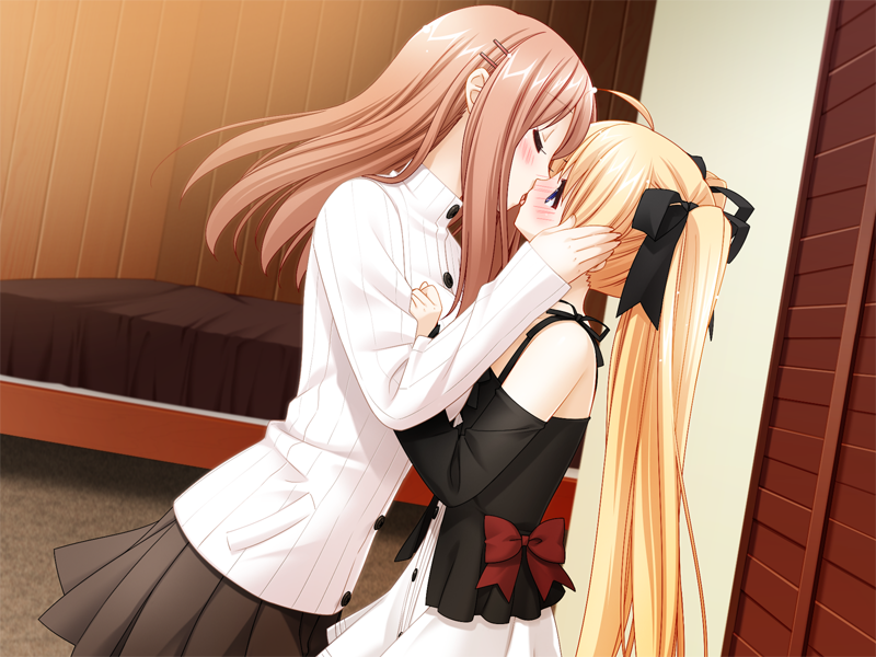 kani biimu, houraisen runa, suminoe takako, fuguriya, sono hanabira ni kuchizuke wo, game cg, 2girls, age difference, blonde hair, brown hair, hair ornament, hair ribbon, hairclip, kiss, long hair, multiple girls, onee-loli, ribbon, skirt, teacher and student, twintails, yuri