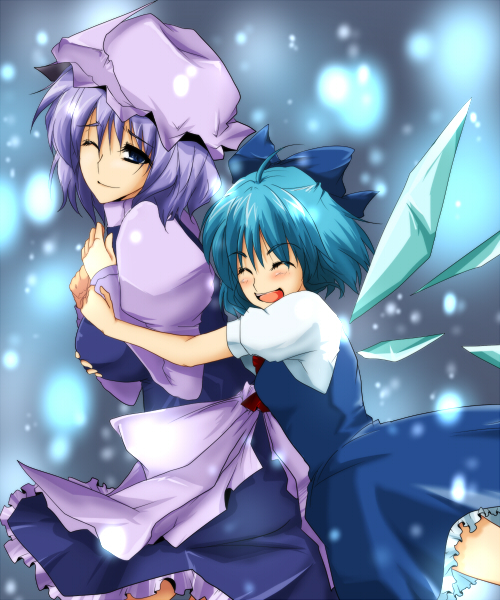 ifuji sakura, cirno, letty whiterock, touhou, 2girls, blue eyes, bow, breasts, closed eyes, grabbing another's breast, groping, hair bow, hat, hug, ice, multiple girls, one eye closed, purple hair, short hair, smile, wings, wink