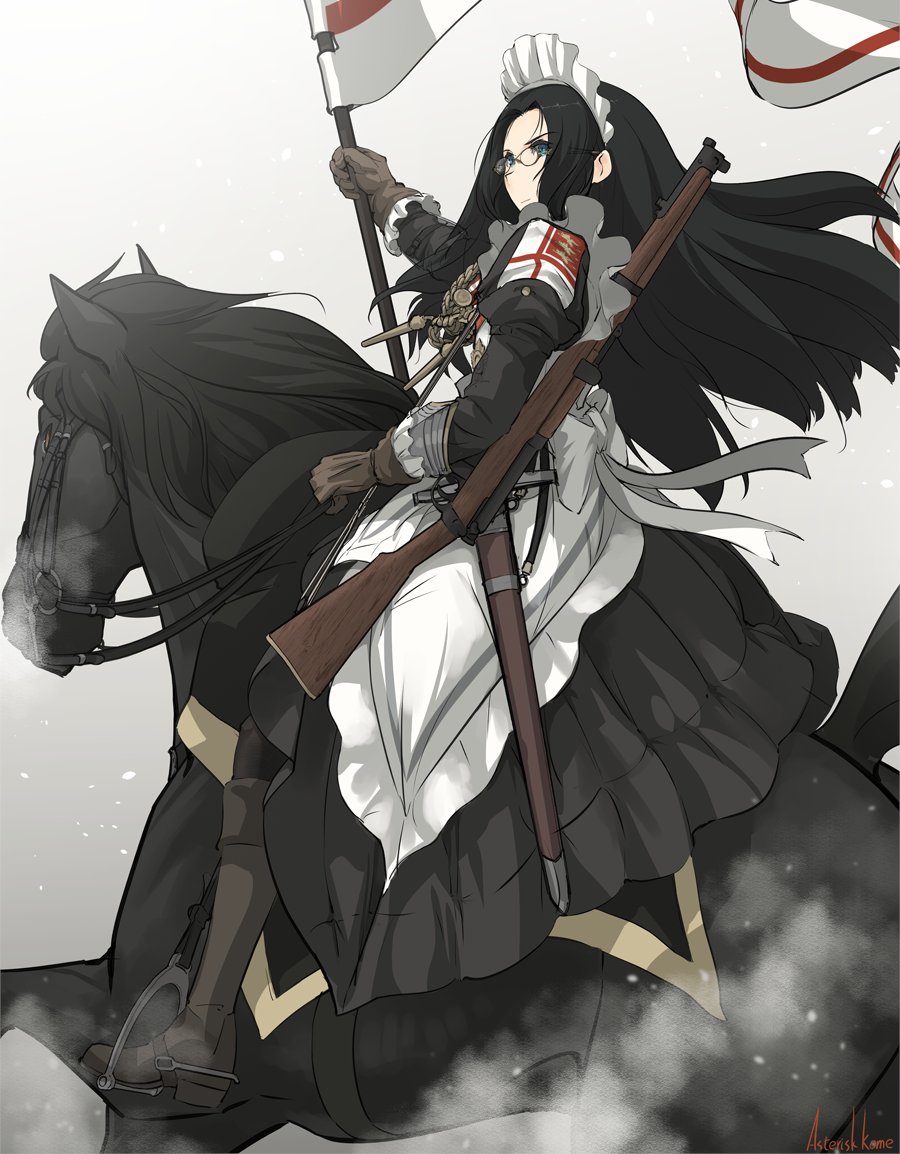 asterisk kome, gina wallace, commentary request, 1girl, apron, black boots, black eyes, black hair, boots, brown gloves, flag, glasses, gloves, heroes of order, holding, holding flag, horse, long hair, maid, maid apron, maid headdress, scope, simple background, sitting, solo, twitter username, white background