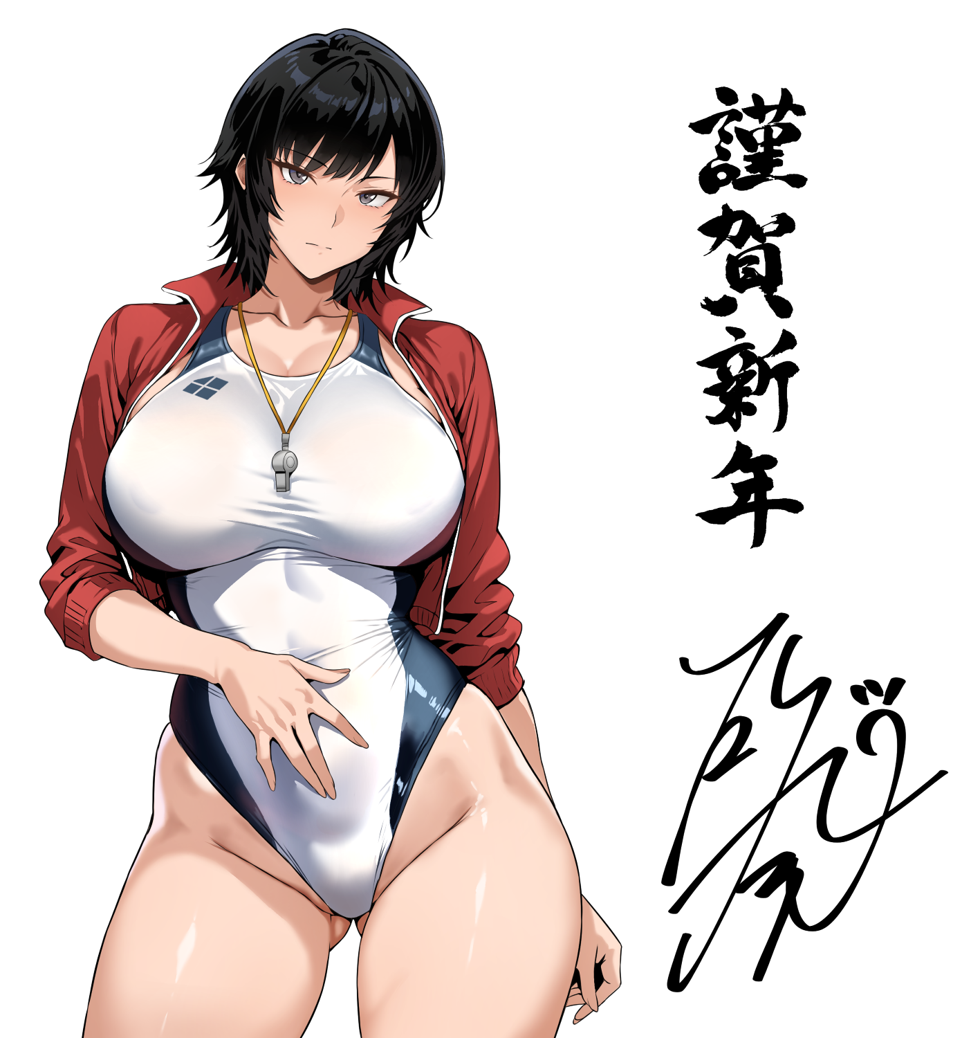 ranhatu, original, commentary request, highres, translation request, 1girl, black hair, breasts, closed mouth, collarbone, competition swimsuit, cowboy shot, gluteal fold, grey eyes, happy new year, highleg, highleg one-piece swimsuit, jacket, large breasts, long sleeves, looking at viewer, new year, one-piece swimsuit, open clothes, open jacket, red jacket, short hair, simple background, solo, swimsuit, whistle, whistle around neck, white background, white one-piece swimsuit