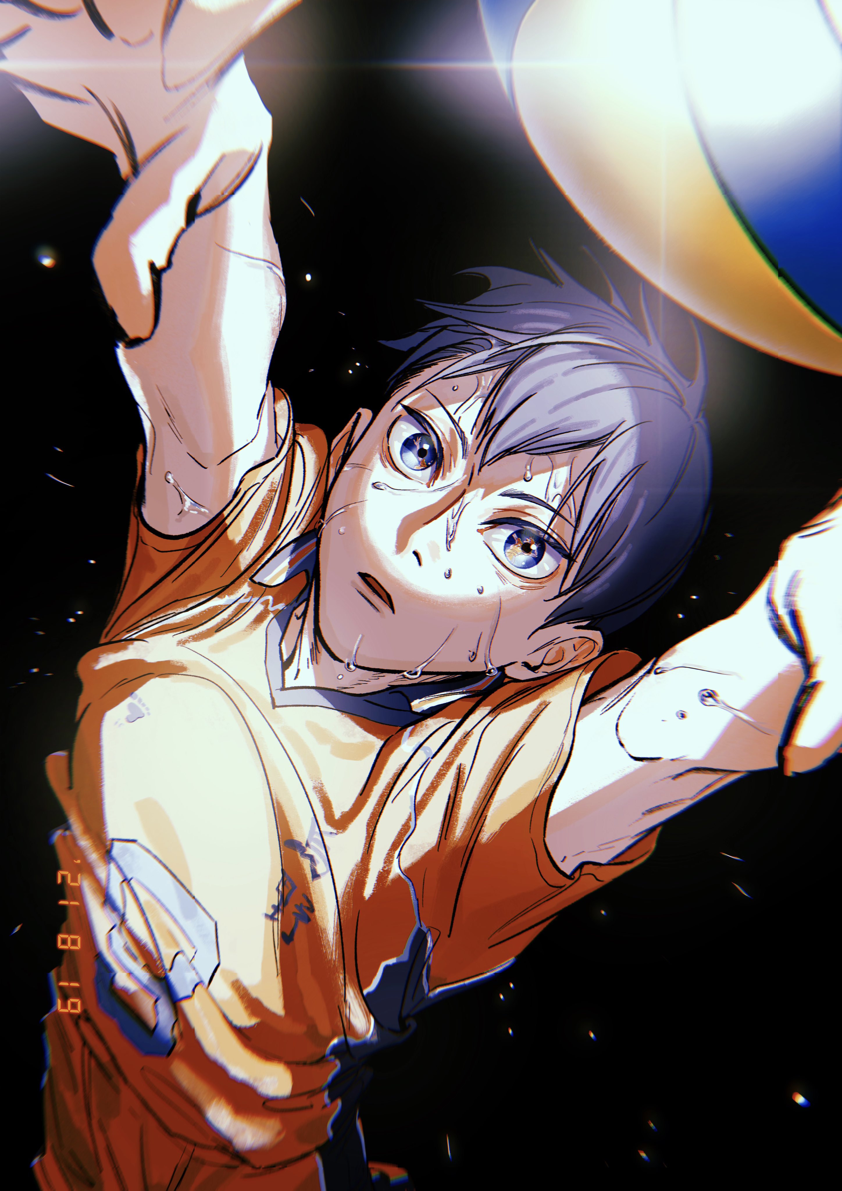 kageyama tobio, haikyuu!!, absurdres, commentary request, highres, 1boy, arms up, ball, black background, blue eyes, blue hair, dated, flying sweatdrops, from above, hatena nani, jumping, karasuno volleyball uniform, male focus, open mouth, short hair, solo, sweat, volleyball (object)