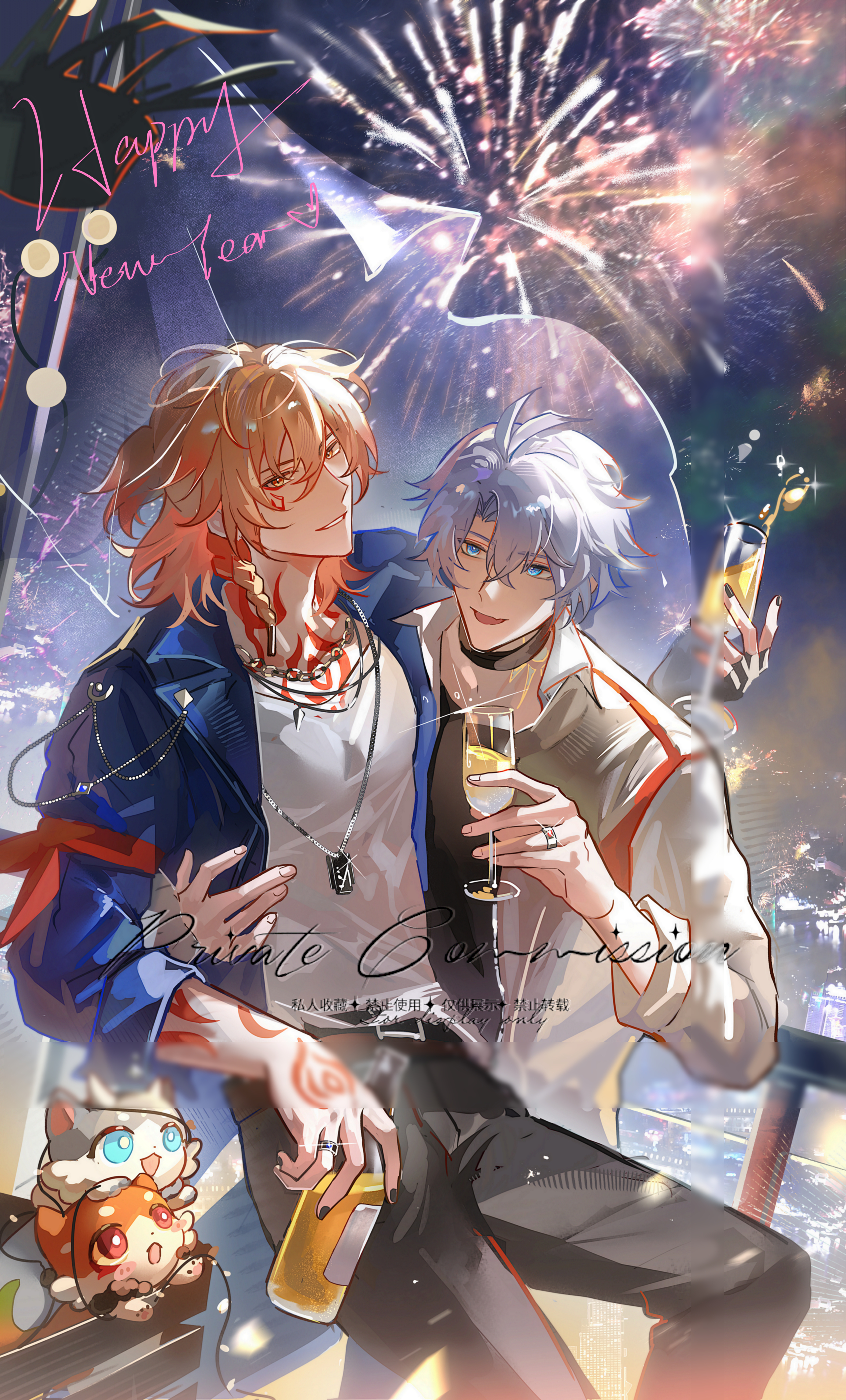 xiaozongcai521, chimera (honkai: star rail), mydei (fig stew) (honkai: star rail), mydei (honkai: star rail), phainon (honkai: star rail), phainon (vigethos) (honkai: star rail), honkai: star rail, honkai (series), absurdres, chinese commentary, commentary request, commission, highres, 2boys, antenna hair, arm tattoo, belt, black belt, black choker, black pants, blonde hair, blue eyes, blue jacket, braid, chest tattoo, choker, collared shirt, cup, dog tags, facial tattoo, fireworks, gradient hair, holding, holding cup, jacket, jewelry, male focus, medium hair, multicolored hair, multiple boys, neck tattoo, necklace, new year, open clothes, open jacket, pants, parted bangs, red hair, red tattoo, shirt, short hair, side braid, sun symbol, sun tattoo, tan, tattoo, watermark, white hair, white shirt, yaoi, yellow eyes