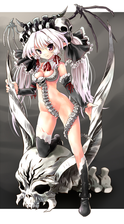 katahira masashi, original, 1girl, black thighhighs, breasts, cleavage, demon girl, female focus, full body, gradient background, long hair, pink eyes, pink hair, skull, solo, thighhighs, twintails, white hair