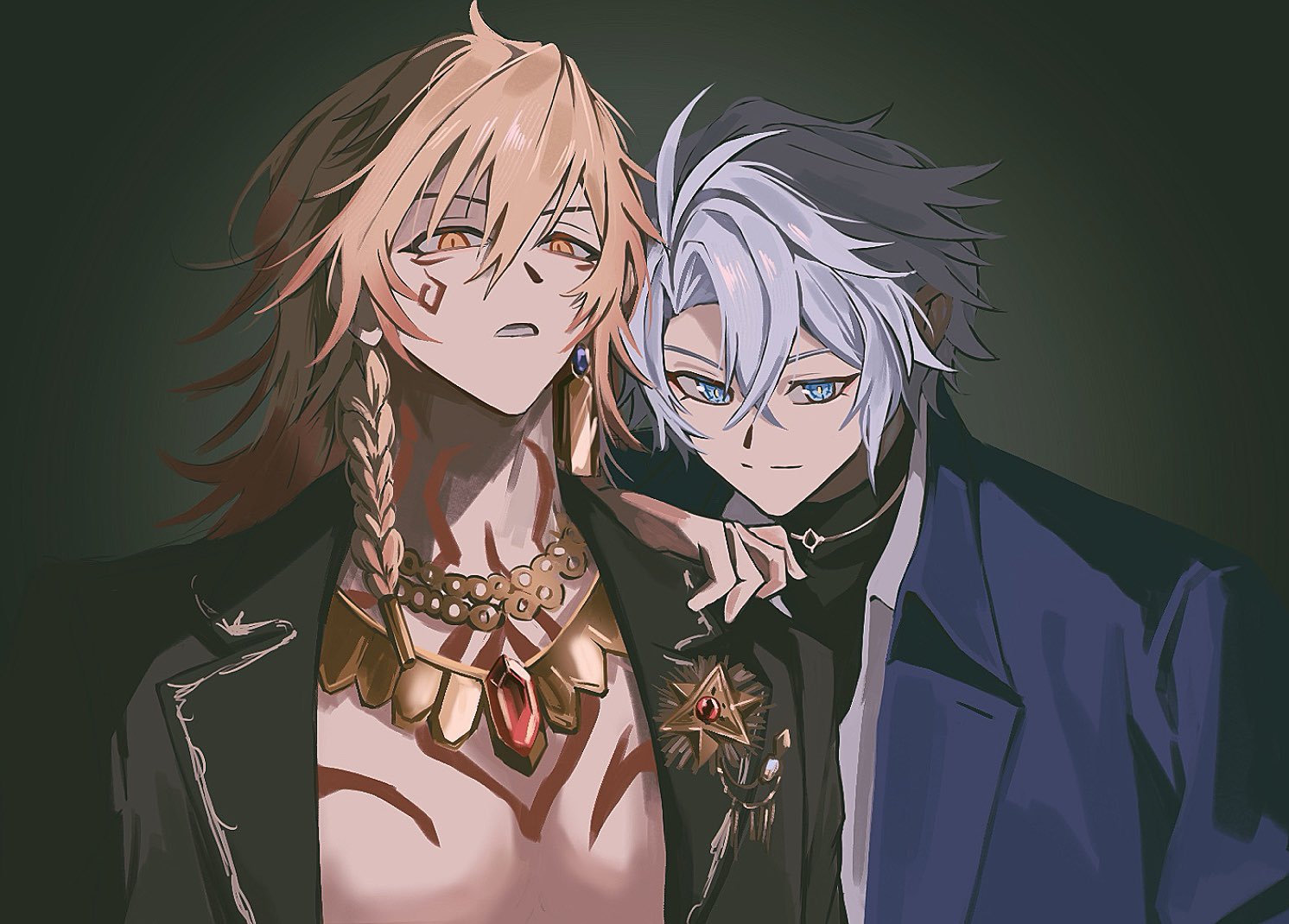 mydei (honkai: star rail), phainon (honkai: star rail), honkai: star rail, honkai (series), hashtag-only commentary, 2boys, antenna hair, bare pectorals, black jacket, black shirt, blonde hair, blue coat, blue eyes, braid, chest tattoo, coat, collared shirt, earrings, facial tattoo, fromsadstreet, gem, gold earrings, gold necklace, gradient hair, jacket, jewelry, male focus, medium hair, multicolored hair, multiple boys, mydei (nylon japan) (honkai: star rail), necklace, official alternate costume, open clothes, open coat, open jacket, parted bangs, pectorals, phainon (nylon japan) (honkai: star rail), red gemstone, red hair, red tattoo, shirt, short hair, side braid, tattoo, white hair, white shirt, yellow eyes
