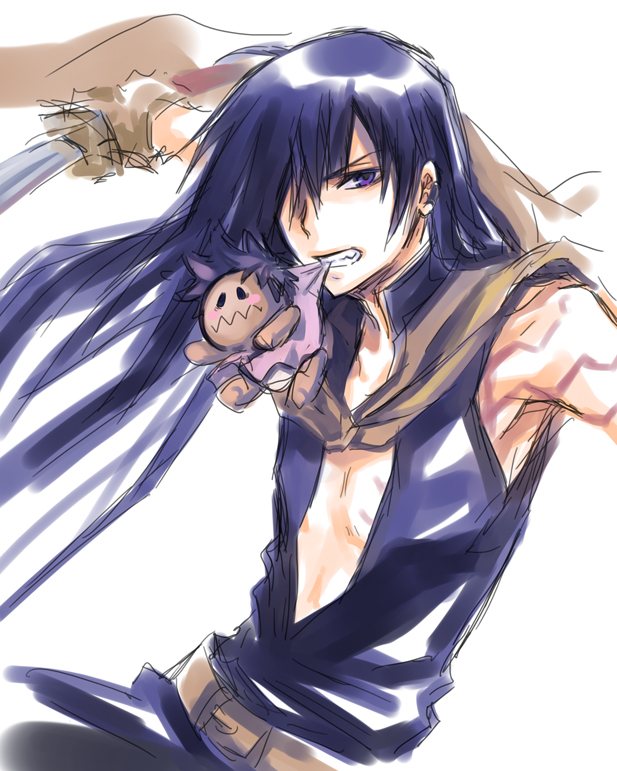 uonuma yuu, kanda yuu, road kamelot, d.gray-man, 00s, 1boy, belt, black hair, blue eyes, blue hair, doll, katana, long hair, male focus, matching hair/eyes, mouth hold, open clothes, open shirt, scarf, shirt, sketch, solo, stuffed toy, sword, tattoo, teeth, weapon