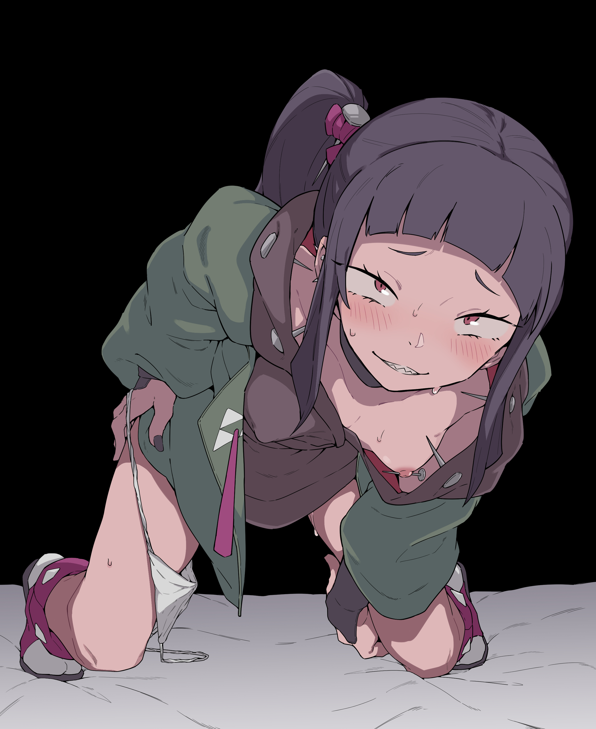 zettai yarumoni, original, absurdres, commentary request, highres, 1girl, black background, blush, breasts, choker, dress, ear piercing, eyelashes, leaning forward, nail (hardware), nail hair ornament, nail polish, nipple piercing, nipples, no bra, on bed, one breast out, panties, panties around leg, piercing, purple eyes, purple hair, pussy juice, sharp teeth, side-tie panties, side ponytail, small breasts, solo, spiked ear piercing, sweat, teeth, tsurime, underwear