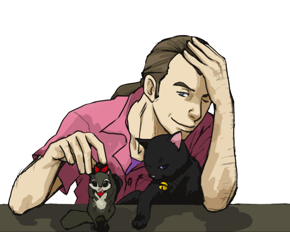 fukunoya, mao (darker than black), petya, darker than black, 00s, 1boy, black cat, black hair, blue eyes, brown hair, cat, male focus, multiple persona, solo, squirrel