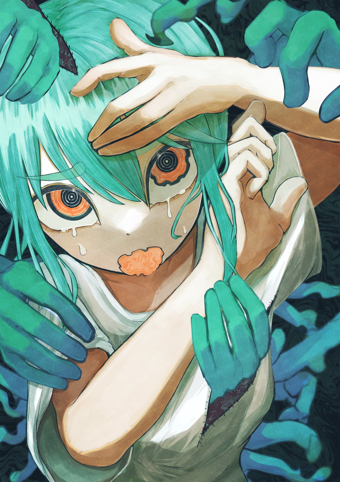 original, commentary request, highres, 1girl, aqua hair, crying, crying with eyes open, disembodied hand, distortion, dot nose, hand on another's shoulder, looking at viewer, open mouth, red eyes, ringed eyes, sabashime botan, shirt, solo, stitches, t-shirt, tears, wavy eyes, wavy mouth, white shirt