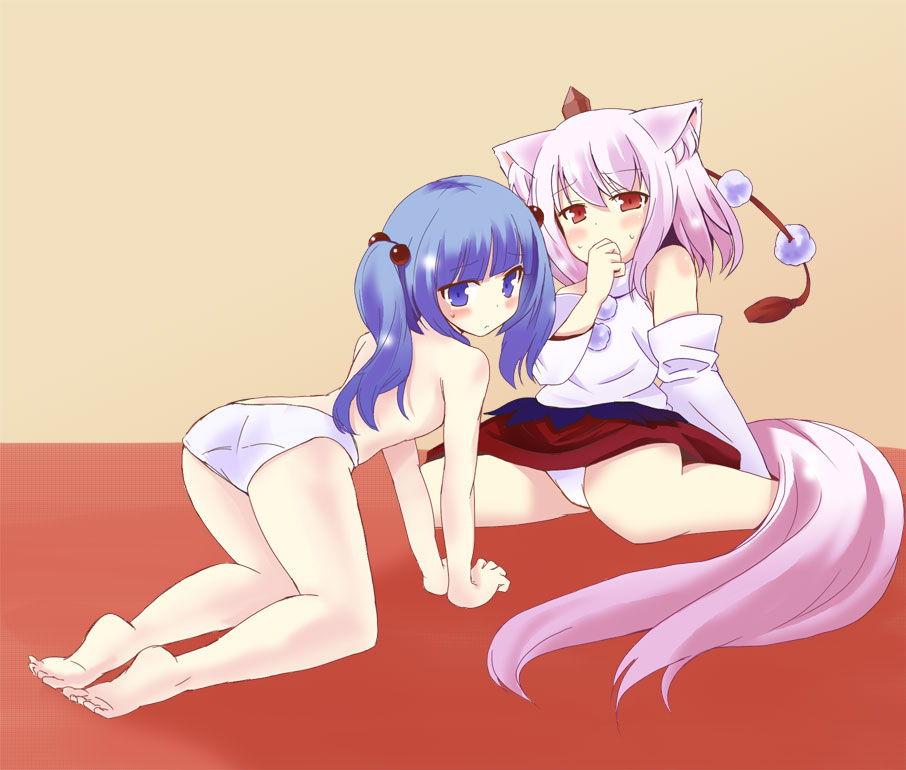 kamarara, inubashiri momiji, kawashiro nitori, touhou, silver hair, 2girls, animal ears, barefoot, blue eyes, blue hair, blush, detached sleeves, feet, female focus, flat chest, hair bobbles, hair ornament, hat, multiple girls, panties, pantyshot, red eyes, short hair, soles, tail, toes, tokin hat, topless female, twintails, two side up, underwear, underwear only, wolf ears, wolf tail