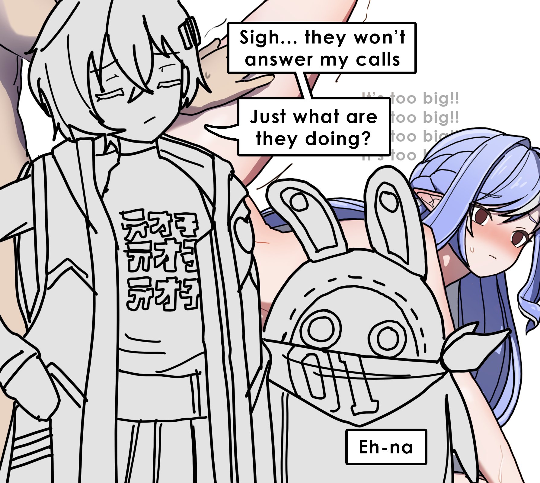 dorahdew, belle (zenless zone zero), eous (zenless zone zero), vivian banshee, wise (zenless zone zero), zenless zone zero, uncomfortable, highres, blue hair, blush, censored, convenient censoring, leg up, nude, pointy ears, robot, speech bubble, spread legs, thought bubble, white background