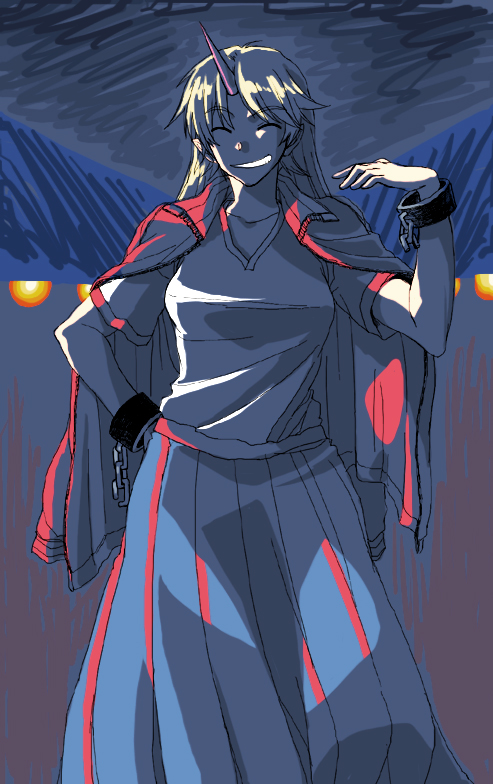 re ghotion, hoshiguma yuugi, touhou, 1girl, blonde hair, chain, closed eyes, cuffs, dark, female focus, grin, hand on own hip, hip focus, horns, jacket, jacket on shoulders, lamp, long hair, pointy ears, shackles, shadow, shirt, short sleeves, single horn, smile, solo, t-shirt