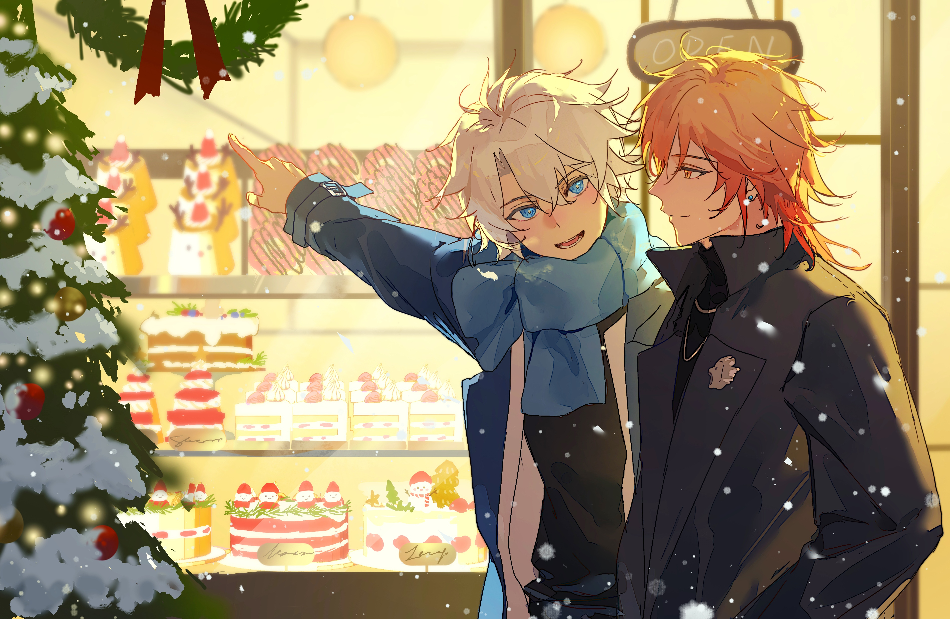 mydei (honkai: star rail), phainon (honkai: star rail), honkai: star rail, honkai (series), absurdres, commentary, english commentary, highres, 2boys, antenna hair, bakery, black coat, black sweater, blonde hair, blue eyes, blue jacket, blue scarf, blush, braid, cake, christmas, christmas tree, christmas wreath, coat, food, from side, gradient hair, jacket, looking at another, male focus, medium hair, multicolored hair, multiple boys, open clothes, open jacket, parted bangs, pointing, profile, red hair, scarf, shirt, shop, short hair, side braid, snowing, sweater, turtleneck, turtleneck sweater, white hair, white shirt, wreath, yellow eyes, yinbai
