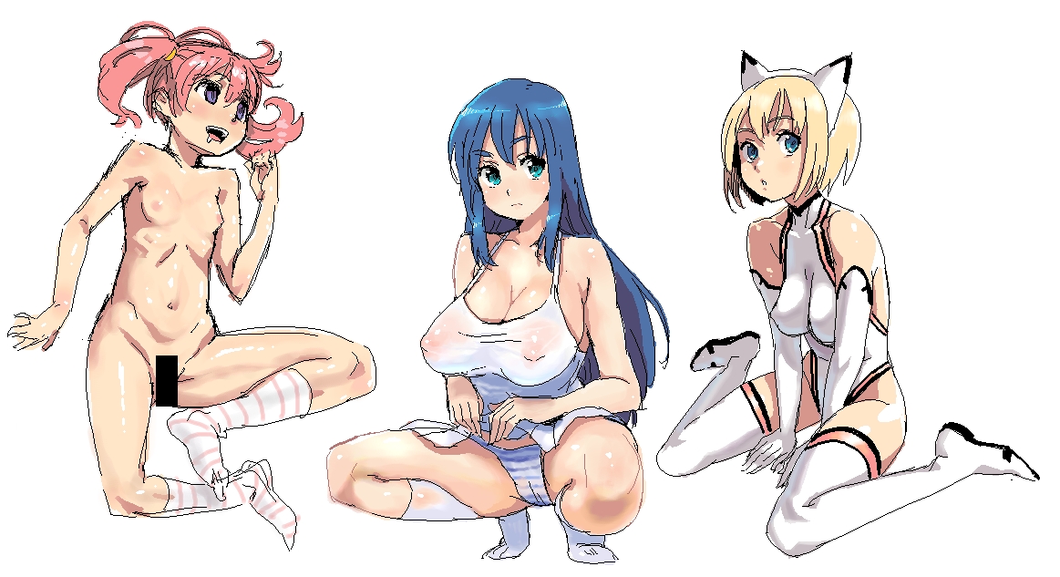 poporon, original, striped legwear, 3girls, animal ears, blonde hair, blue hair, blush, breasts, censored, cleavage, elbow gloves, empty eyes, fake animal ears, flat chest, gloves, green eyes, jaggy lines, large breasts, leotard, loli, long hair, lying, multiple girls, nude, oekaki, panties, purple eyes, red hair, saliva, short hair, socks, squatting, striped clothes, striped panties, striped socks, thighhighs, twintails, underwear, white thighhighs
