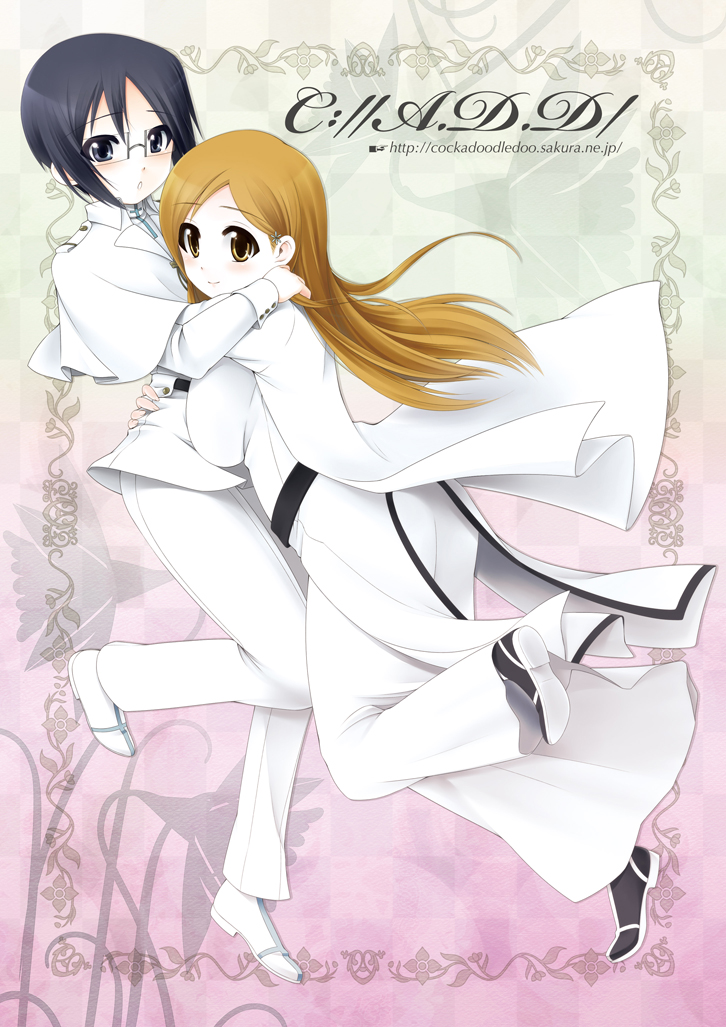 kiriyama machi, inoue orihime, ishida uryuu, bleach, bad id, bad pixiv id, 00s, 1boy, 1girl, black hair, blush, breasts, brown eyes, brown hair, glasses, hetero, hug, large breasts, long hair, short hair