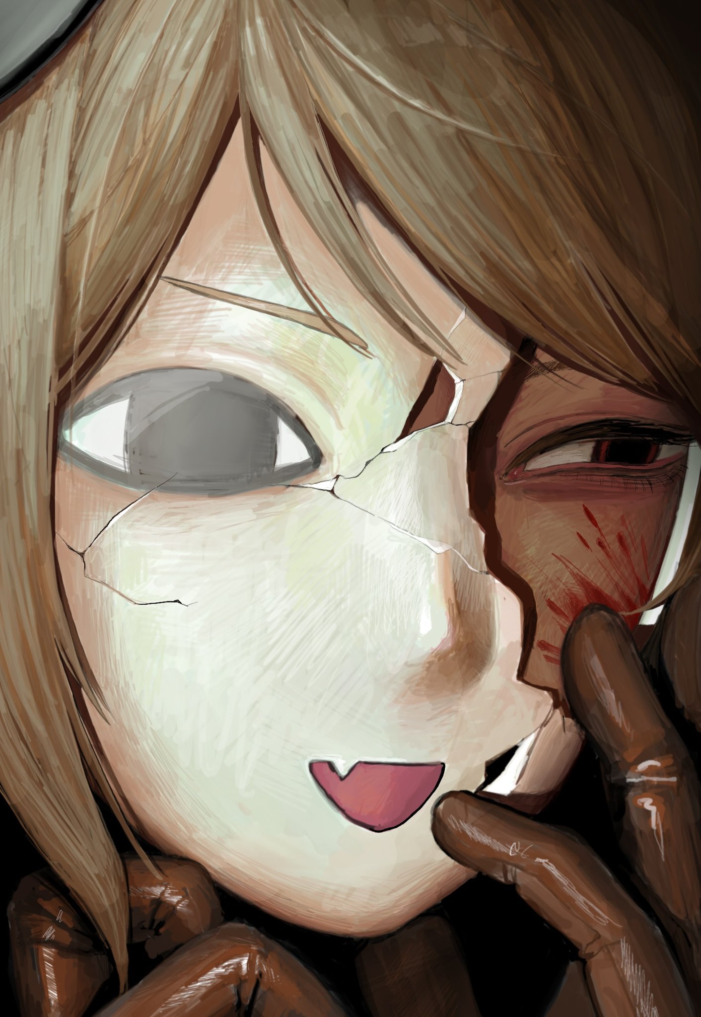 romania (hetalia), axis powers hetalia, commentary request, highres, 1boy, black eyes, black hat, blood, blood on face, broken mask, brown gloves, brown hair, cracked kawaii mask, empty eyes, fang, gloves, half-closed eyes, hand on own face, hands up, hat, kyouyamasann, leather, leather gloves, looking to the side, male focus, mask, mini hat, open mouth, red eyes, short hair, skin fang, smile, solo, upper body