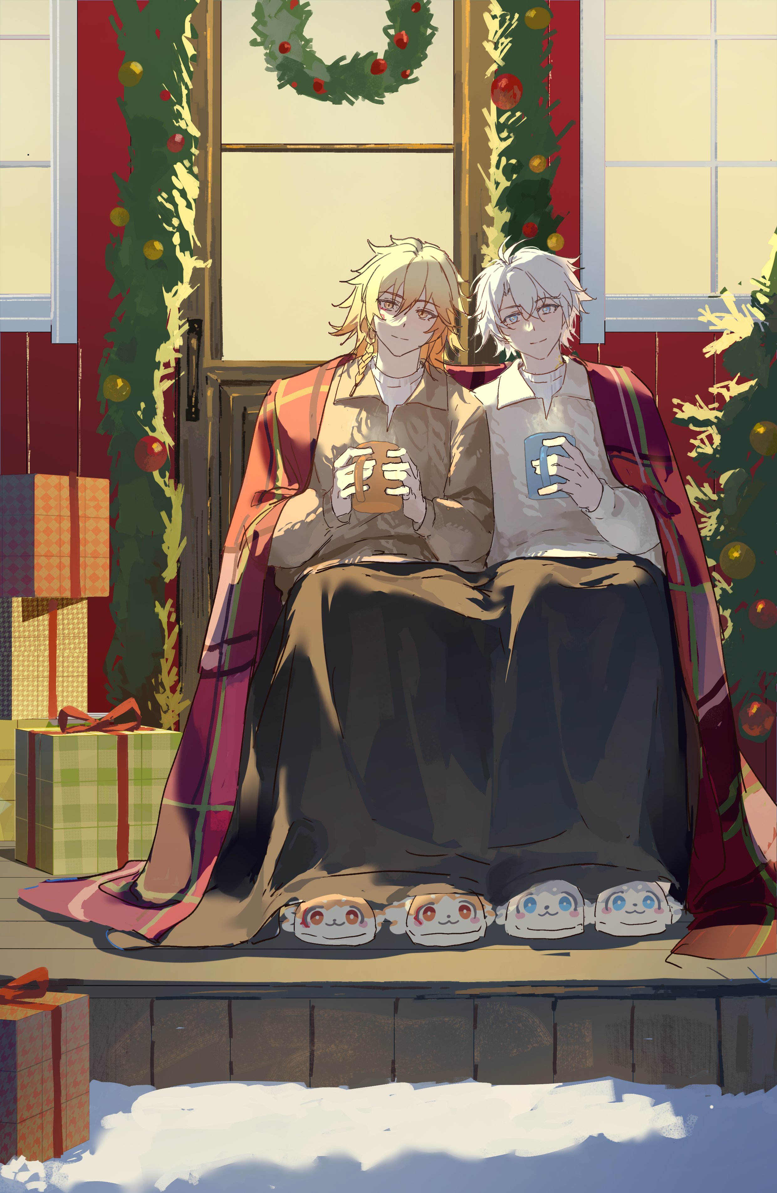 mydei (fig stew) (honkai: star rail), mydei (honkai: star rail), phainon (honkai: star rail), phainon (vigethos) (honkai: star rail), honkai: star rail, honkai (series), absurdres, commentary, english commentary, highres, 2boys, antenna hair, blonde hair, blue eyes, box, braid, brown sweater, christmas, christmas wreath, collared shirt, cup, facial tattoo, gift, gift box, gradient hair, holding, holding cup, male focus, medium hair, mug, multicolored hair, multiple boys, parted bangs, red hair, red tattoo, shared blanket, shirt, short hair, side braid, sitting, sweater, tattoo, white hair, white shirt, white sweater, wreath, yellow eyes, yinbai