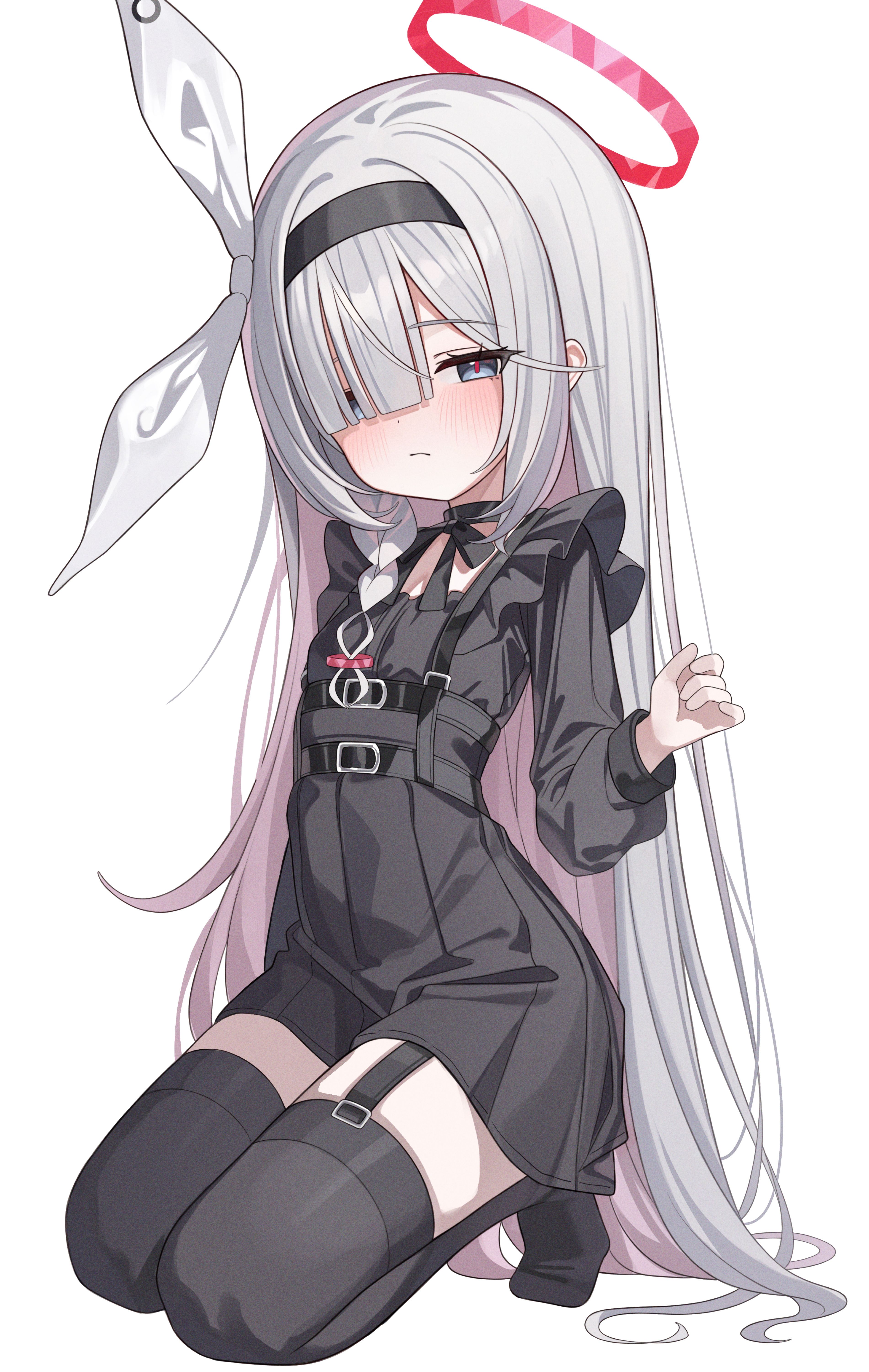 loyo, plana (blue archive), blue archive, absurdres, commentary request, highres, korean commentary, 1girl, black dress, black hairband, bow, choker, colored inner hair, dress, garter straps, grey eyes, hairband, halo, kneeling, light blush, long hair, looking at viewer, multicolored hair, one eye covered, red halo, simple background, solo, thighhighs, white background, white bow, white hair