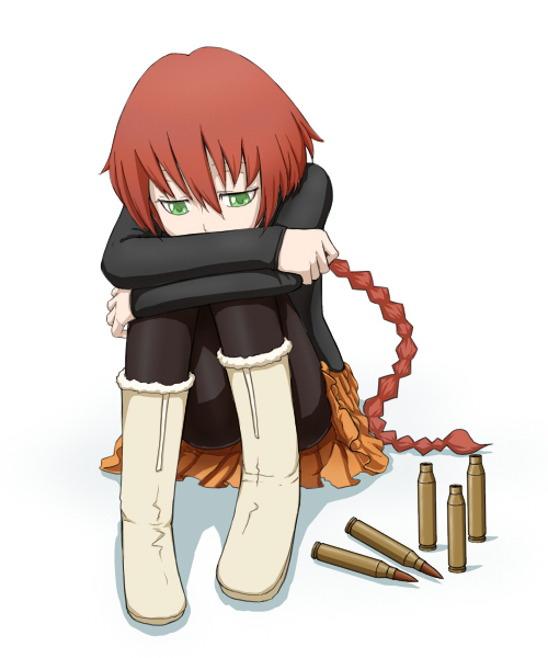 jaco, suou pavlichenko, darker than black, 00s, 1girl, black pantyhose, boots, braid, bullet, female focus, green eyes, hugging own legs, long hair, pantyhose, red hair, skirt, solo, sulking
