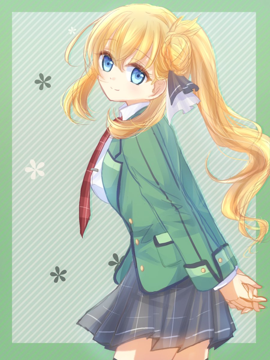 o11430, agnes claudel, eiyuu densetsu, kai no kiseki, kuro no kiseki (series), kuro no kiseki i, commentary request, highres, 1girl, aramis high school uniform, blonde hair, blue eyes, braid, braided bun, bun with braided base, collared shrug, hair bun, long hair, looking back, low-tied long hair, necktie, plaid clothes, plaid necktie, school uniform, shrug (clothing), simple background