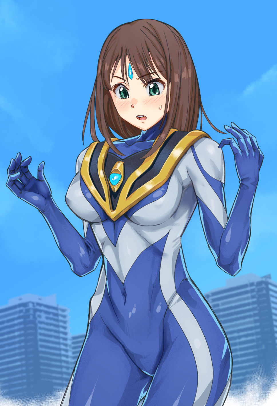 kaga kasama, shibuya rin, ultraman agul, idolmaster, idolmaster cinderella girls, tokusatsu, ultra series, ultraman gaia (series), blue gem, commentary, commission, highres, skeb commission, 1girl, :o, armor, blue bodysuit, blue sky, blurry, blurry background, blush, bodysuit, breastplate, breasts, brown hair, building, city, cityscape, collarbone, color timer, contrapposto, cosplay, covered navel, cowboy shot, curled fingers, day, forehead jewel, furrowed brow, gem, giant, giantess, gold trim, green eyes, groin, hands up, large breasts, long hair, looking down, multicolored bodysuit, open mouth, outdoors, silver bodysuit, skin tight, sky, solo, standing, straight hair, sweatdrop, teeth, two-tone bodysuit, ultraman agul (cosplay), upper teeth only