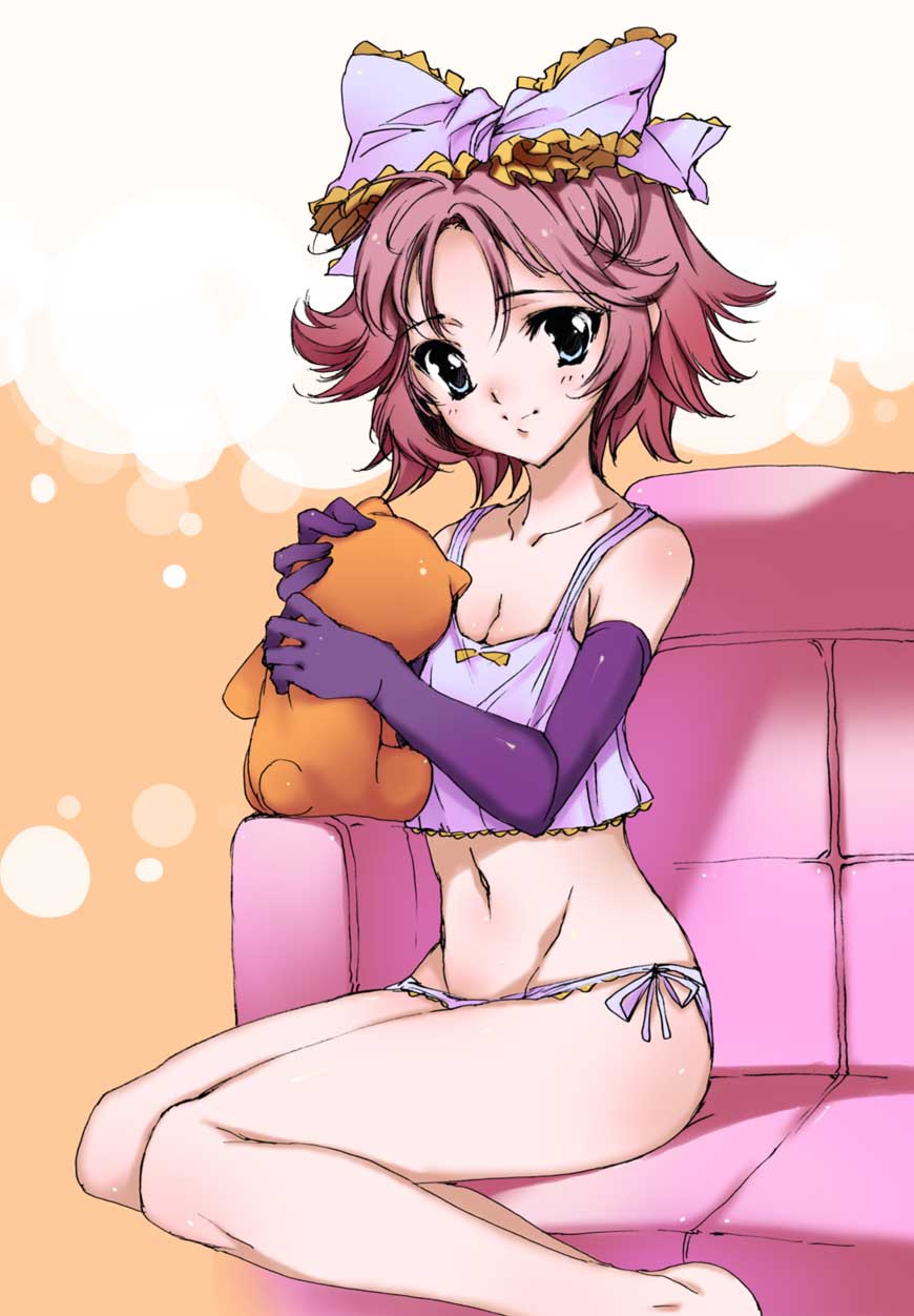 yuiga naoha, latune subbota, banpresto, super robot wars, highres, 1girl, female focus, lingerie, panties, ribbon, short hair, side-tie panties, solo, underwear