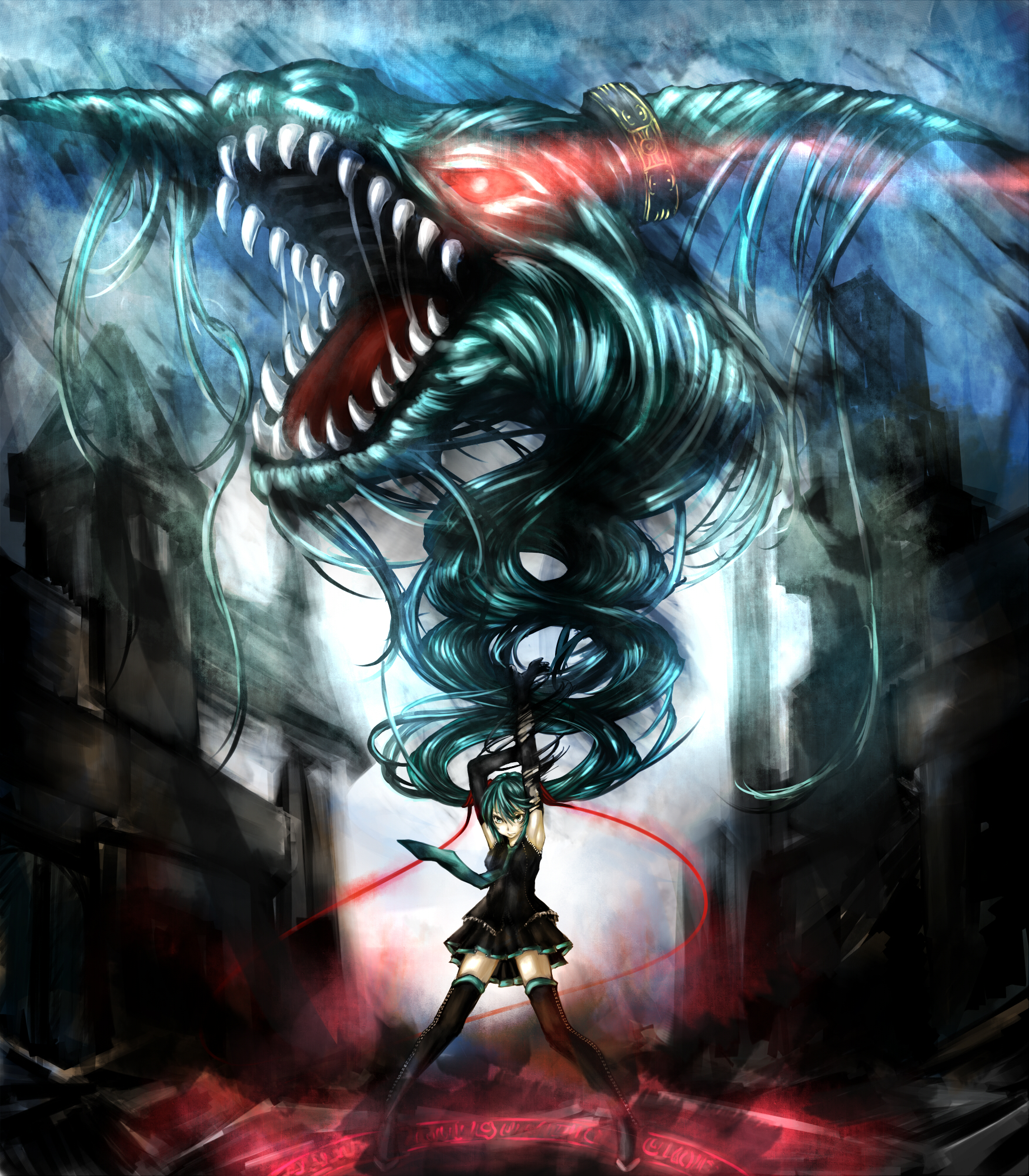 eiji (eiji), gomorrah (bayonetta), hatsune miku, bayonetta (series), bayonetta 1, vocaloid, highres, 1girl, absurdly long hair, aqua eyes, aqua hair, arms up, detached sleeves, dragon, female focus, living hair, long hair, magic circle, necktie, parody, red eyes, solo, thighhighs, twintails, very long hair, zettai ryouiki