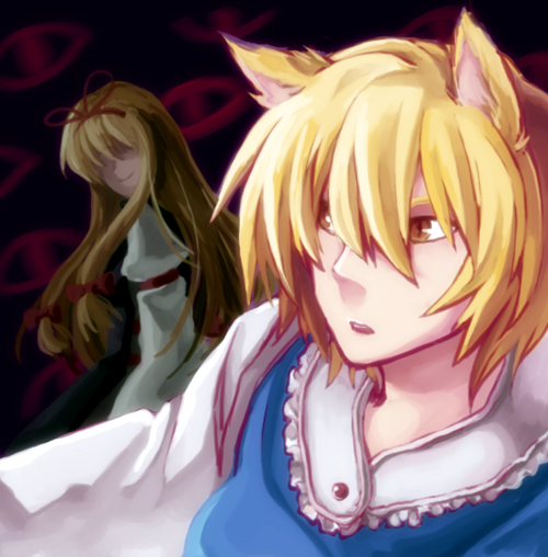 re ghotion, yakumo ran, yakumo yukari, touhou, 2girls, animal ears, blonde hair, brown eyes, cat ears, cat girl, dark, female focus, fox ears, hair over eyes, hair ribbon, long hair, long sleeves, looking back, multiple girls, open mouth, ribbon, short hair, smile