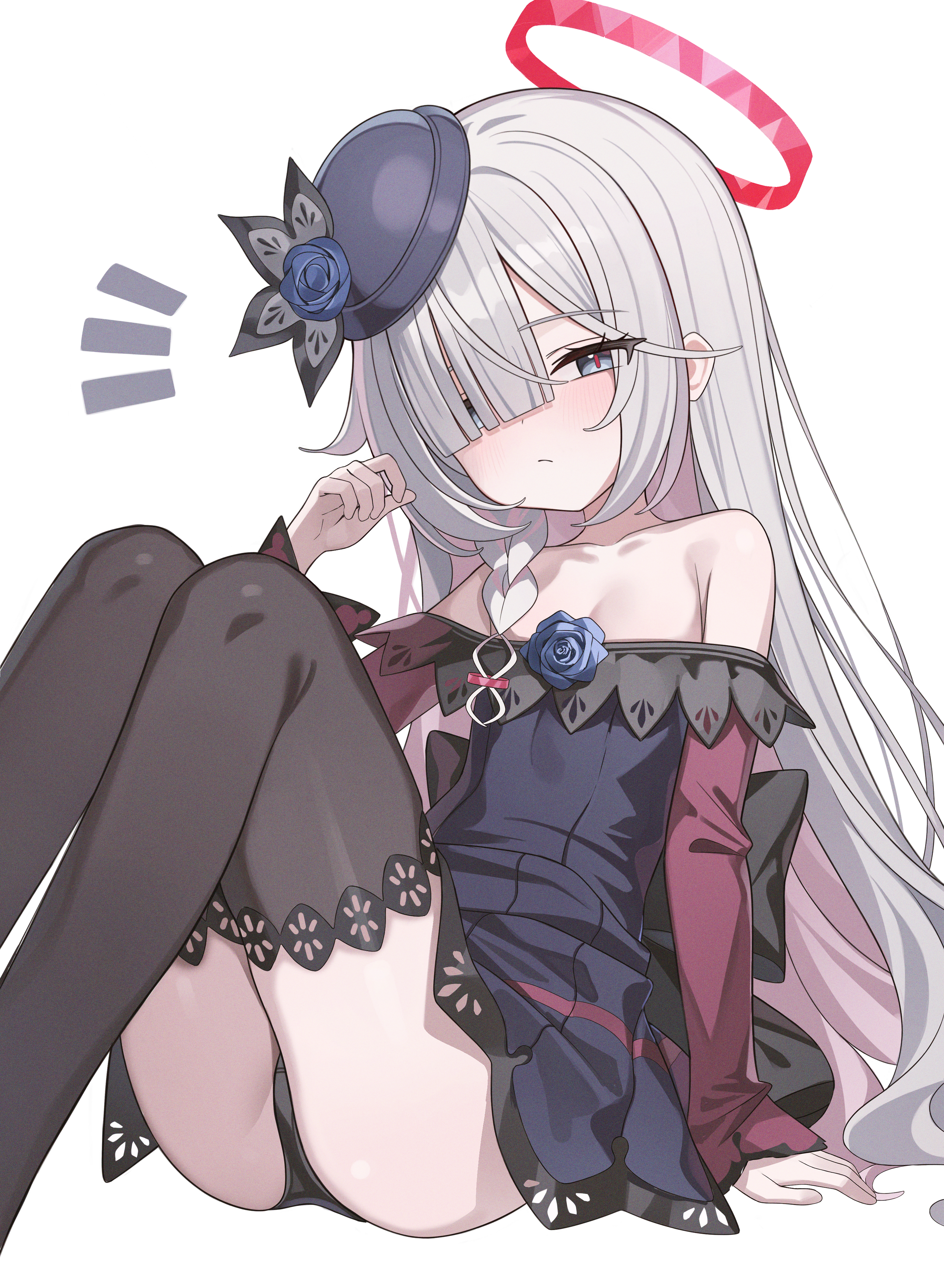 loyo, plana (blue archive), rice shower (rosy dreams) (umamusume), rice shower (umamusume), blue archive, umamusume, absurdres, commentary request, highres, korean commentary, 1girl, alternate costume, bare shoulders, black panties, black thighhighs, blue flower, blunt bangs, blush, braid, closed mouth, colored inner hair, cosplay, dress, flat chest, flower, grey eyes, grey hair, hair over one eye, halo, hat, hat flower, looking at viewer, multicolored hair, off-shoulder dress, off shoulder, panties, pink hair, purple dress, purple hat, red halo, red pupils, red sleeves, rice shower (umamusume) (cosplay), single braid, solo, thighhighs, two-tone hair, underwear