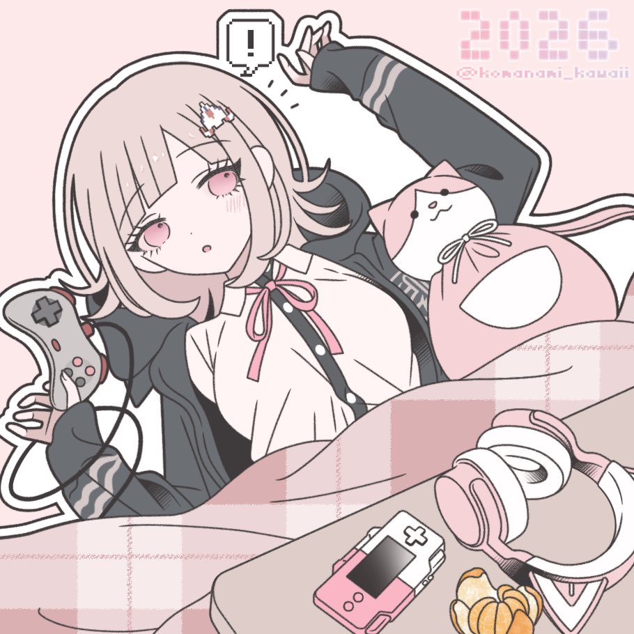 komanami kawaii, nanami chiaki, danganronpa (series), danganronpa 2: goodbye despair, 1girl, breasts, brown hair, collared shirt, flipped hair, hair ornament, hood, jacket, long sleeves, looking at viewer, medium hair, neck ribbon, open clothes, open jacket, pink eyes, pink ribbon, ribbon, shirt, white shirt