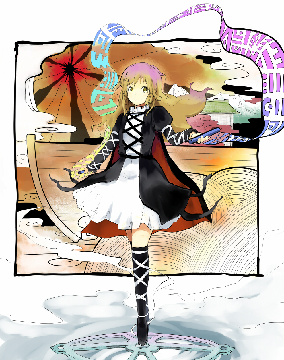 sergei (pattundo), hijiri byakuren, touhou, highres, 1girl, cape, dress, female focus, gradient hair, long hair, multicolored hair, scroll, solo, sorcerer's sutra scroll, yellow eyes