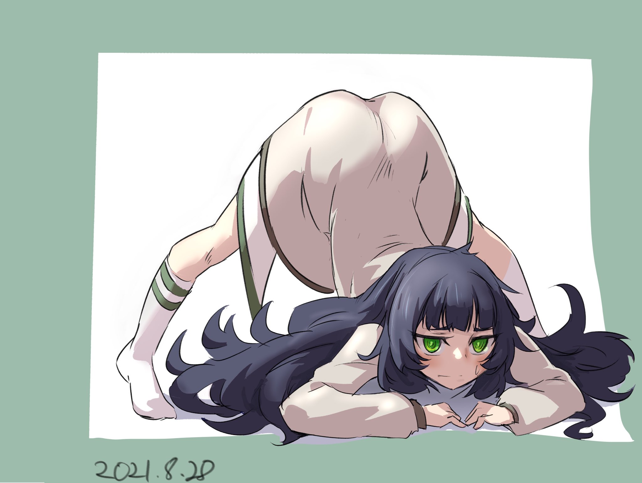 sadarann, hiyajou maho, science adventure, steins;gate, steins;gate 0, commentary request, highres, 1girl, ass, black hair, blunt bangs, blush, embarrassed, green eyes, green hair, green trim, jack-o' challenge, kneehighs, long sleeves, looking at viewer, messy hair, no shoes, simple background, socks, solo, striped clothes, striped socks, top-down bottom-up, white socks