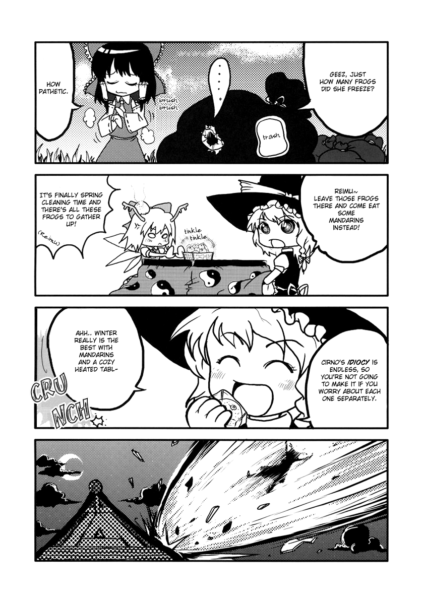 cirno, hakurei reimu, kirisame marisa, embodiment of scarlet devil, touhou, hard-translated, highres, third-party edit, translated, 3girls, bag, braid, comic, english text, food, frog, fruit, greyscale, mandarin orange, master spark, monochrome, moose, multiple girls, reindeer