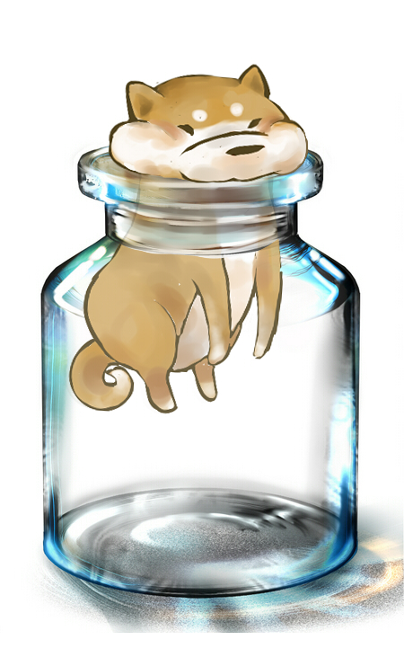 inu777, kouki (pixiv), kouki (ronmugi), shiba, original, minimized, bad id, bad pixiv id, 3d, animal focus, bottle meme (pixiv), cork, dog, jar, no humans, pun, shiba inu, stuck, tail