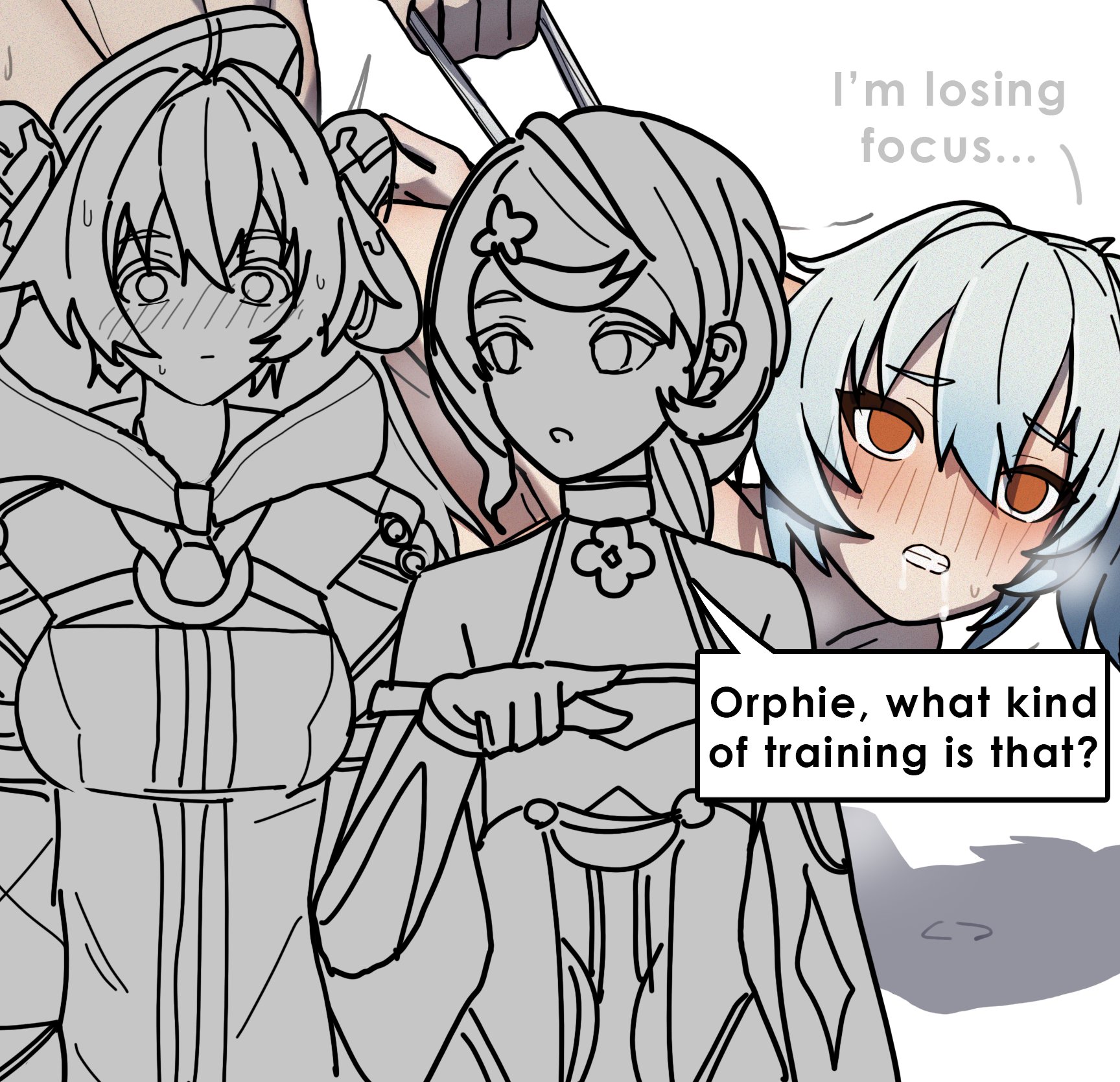 dorahdew, orphie magnusson, seed (zenless zone zero), soldier 11 (zenless zone zero), wise (zenless zone zero), zenless zone zero, commentary, english commentary, highres, bent over, black horns, blush, brown eyes, censored, choker, clenched teeth, convenient censoring, full-face blush, grey hair, horns, nude, pointing, saliva, sex, sex from behind, side ponytail, speech bubble, steam, sweat, teeth, thought bubble, white background