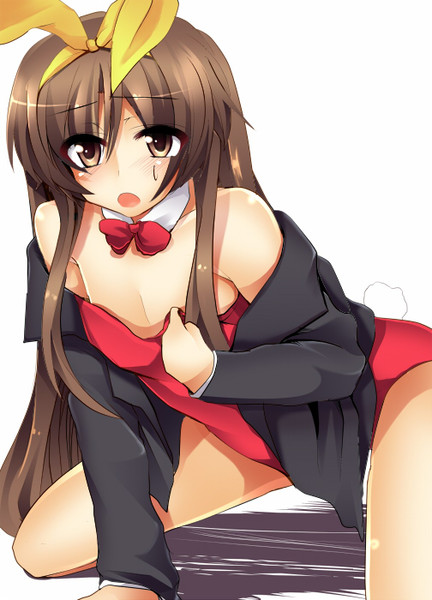 masayu, naoe riki, little busters!, image sample, pixiv sample, resized, 1boy, all fours, animal ears, blazer, blush, brown eyes, brown hair, coat, crossdressing, crossdressing (mtf), fake animal ears, jacket, long hair, male focus, playboy bunny, rabbit ears, solo, strapless, trap