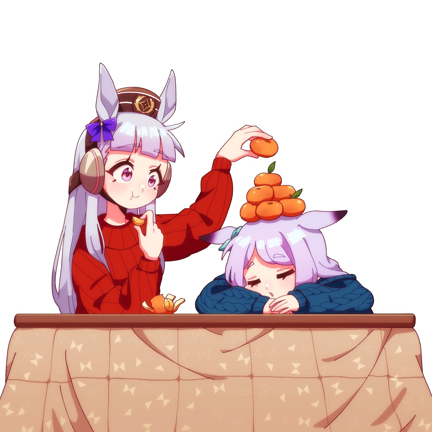 kitnoko, gold ship (umamusume), mejiro mcqueen (umamusume), umamusume, commentary, english commentary, highres, 2girls, animal ears, blue sweater, blunt bangs, blush, bow, breasts, closed mouth, ear bow, ear ribbon, eating, food, fruit, grey hair, hat, horse ears, horse girl, kotatsu, long hair, mandarin orange, mandarin orange slice, multiple girls, on head, parted lips, pillbox hat, purple bow, purple eyes, red sweater, sleeping, smile, stack, sweater, table, under kotatsu, under table