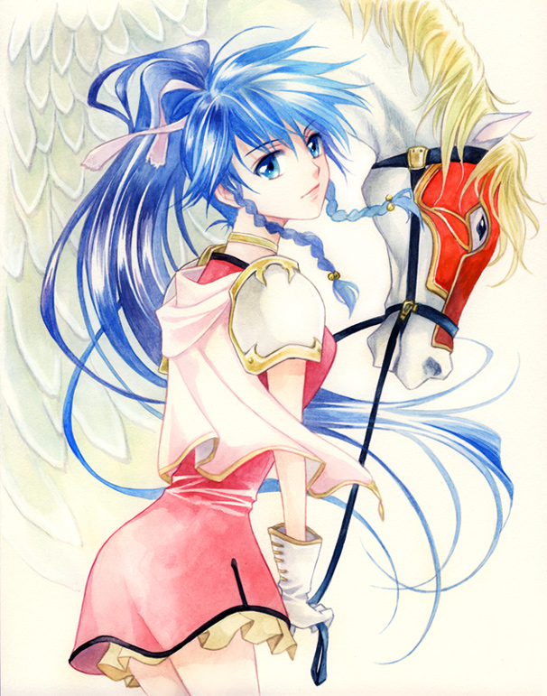 agahari, tana (fire emblem), fire emblem, fire emblem: the sacred stones, nintendo, pegasus knight uniform (fire emblem), bad id, bad pixiv id, 1girl, armor, barding, blue eyes, blue hair, braid, cape, female focus, gloves, long hair, matching hair/eyes, pegasus, ponytail, princess, side braid, solo, twin braids, very long hair