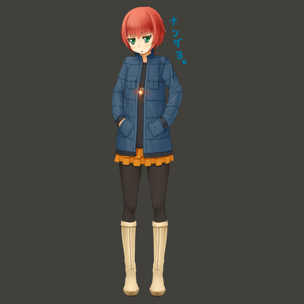 kokage (prisoner-67), suou pavlichenko, darker than black, 00s, blush, boots, flat chest, green eyes, hands in pockets, jewelry, necklace, pantyhose, red hair, skirt, solo