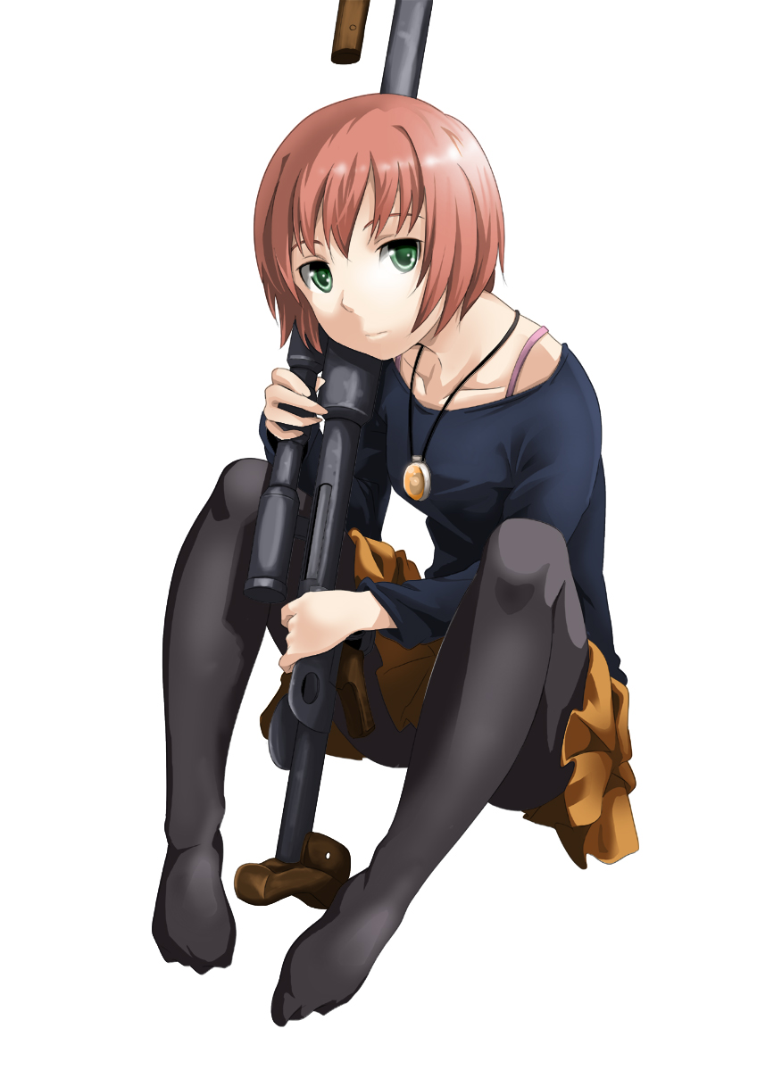 sankuro (agoitei), suou pavlichenko, darker than black, bad id, bad pixiv id, 00s, 1girl, anti-materiel rifle, bolt action, feet, female focus, green eyes, gun, jewelry, long hair, necklace, pantyhose, ptrd-41, red hair, rifle, sitting, skirt, sniper rifle, solo, weapon