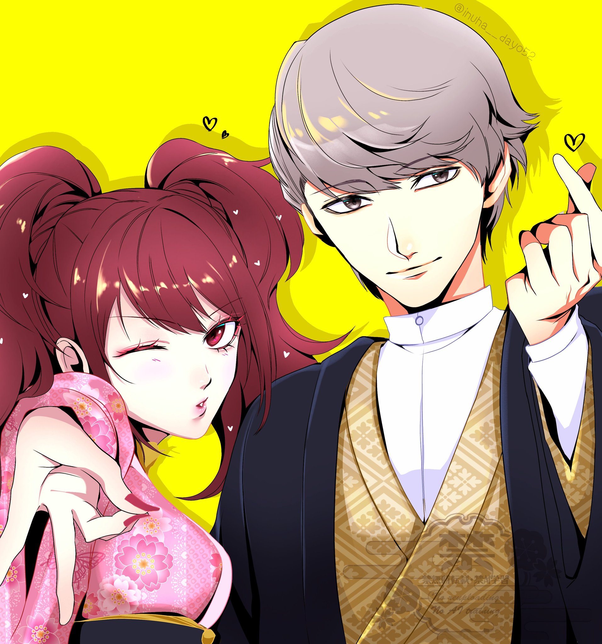 inuha dayo52, kujikawa rise, narukami yu, persona, persona 4, persona 4: dancing all night, persona 4 the golden, persona dancing, commentary request, highres, 1boy, 1girl, brown eyes, brown hair, closed mouth, grey eyes, grey hair, happy new year, japanese clothes, kimono, looking at viewer, new year, one eye closed, simple background, twintails, v