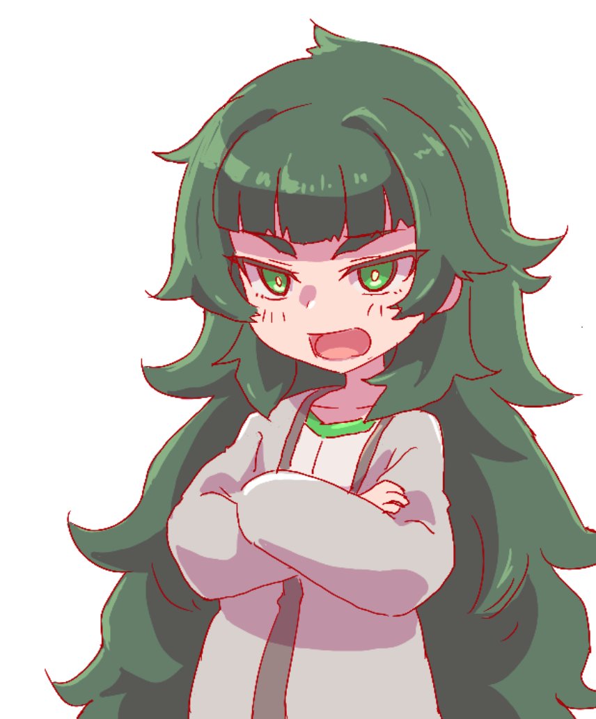 sadarann, hiyajou maho, science adventure, steins;gate, steins;gate 0, commentary request, 1girl, annoyed, blunt bangs, crossed arms, green eyes, green hair, jacket over dress, long hair, long sleeves, looking at viewer, messy hair, narrowed eyes, open mouth, simple background, solo, very long hair, white background