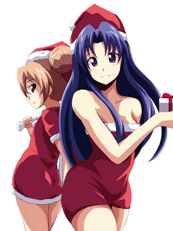 azumaya hironaru, aisaka taiga, kawashima ami, toradora!, 00s, 2girls, back-to-back, bag, bare shoulders, blue hair, blush, brown eyes, brown hair, christmas, double bun, gift, hair bun, hat, holding, holding gift, long hair, multiple girls, sack, santa costume, santa hat, strapless