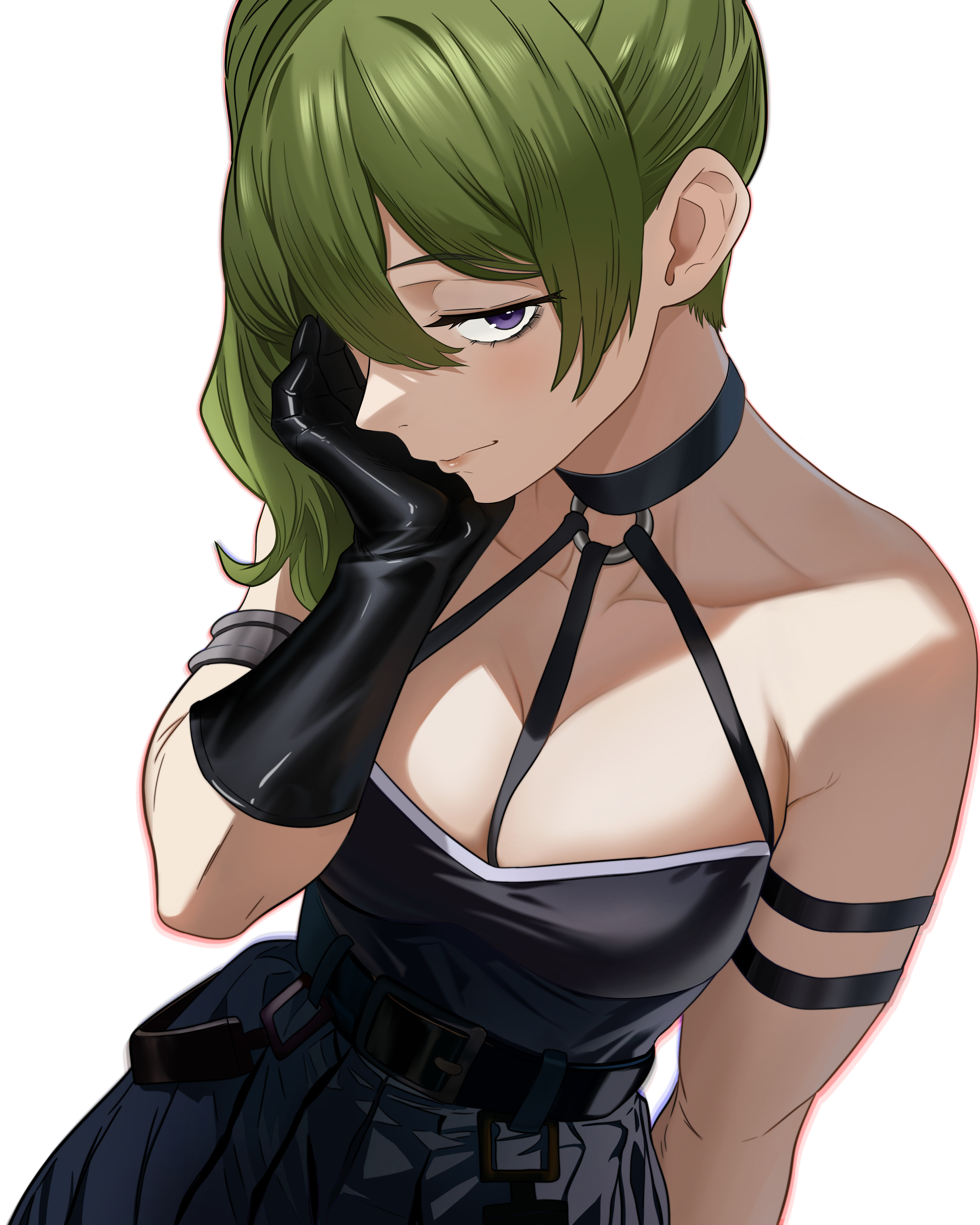 jmx (j m x), ubel (sousou no frieren), sousou no frieren, absurdres, highres, 1girl, black choker, black dress, black gloves, breasts, choker, cleavage, closed mouth, collarbone, dress, gloves, green hair, hair over one eye, looking at viewer, medium breasts, purple eyes, side ponytail, simple background, solo, upper body, white background
